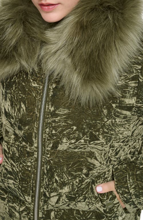 Andrew Marc Charleroi Faux Fur Collar Down & Feather Fill Velvet Puffer Jacket In Forest