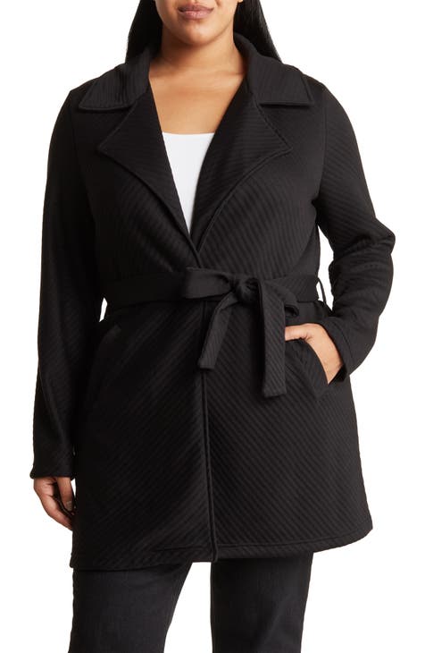 Plus Size Black Belted Wrap Coat
