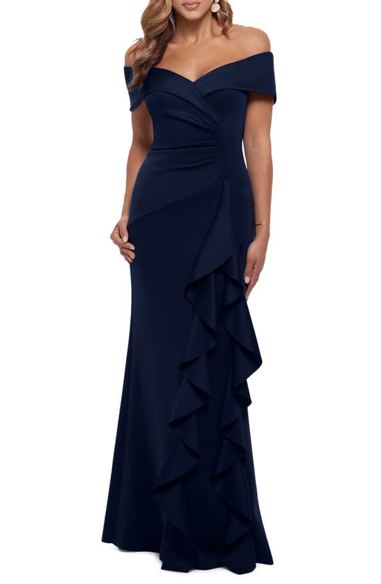 Xscape Ava Off The Shoulder Side Ruffle Evening Gown In Midnight | ModeSens