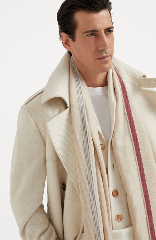 Shop Brunello Cucinelli Wool And Cashmere Diagonal Scarf With Striped Edge In Beige