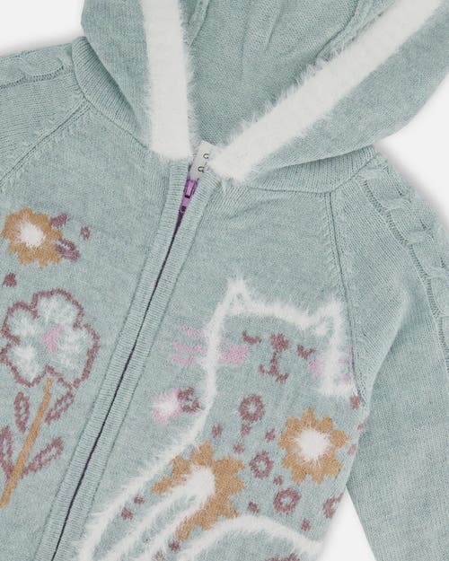 Shop Deux Par Deux Girl's Jacquard Hooded Knit Cardigan Light Turquoise In Frosty Green