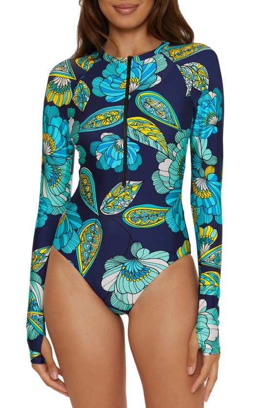 Shop Trina Turk Pirouette Floral Half Zip Long Sleeve One-piece Rashguard Swimsuit In Blue/ Green Multi