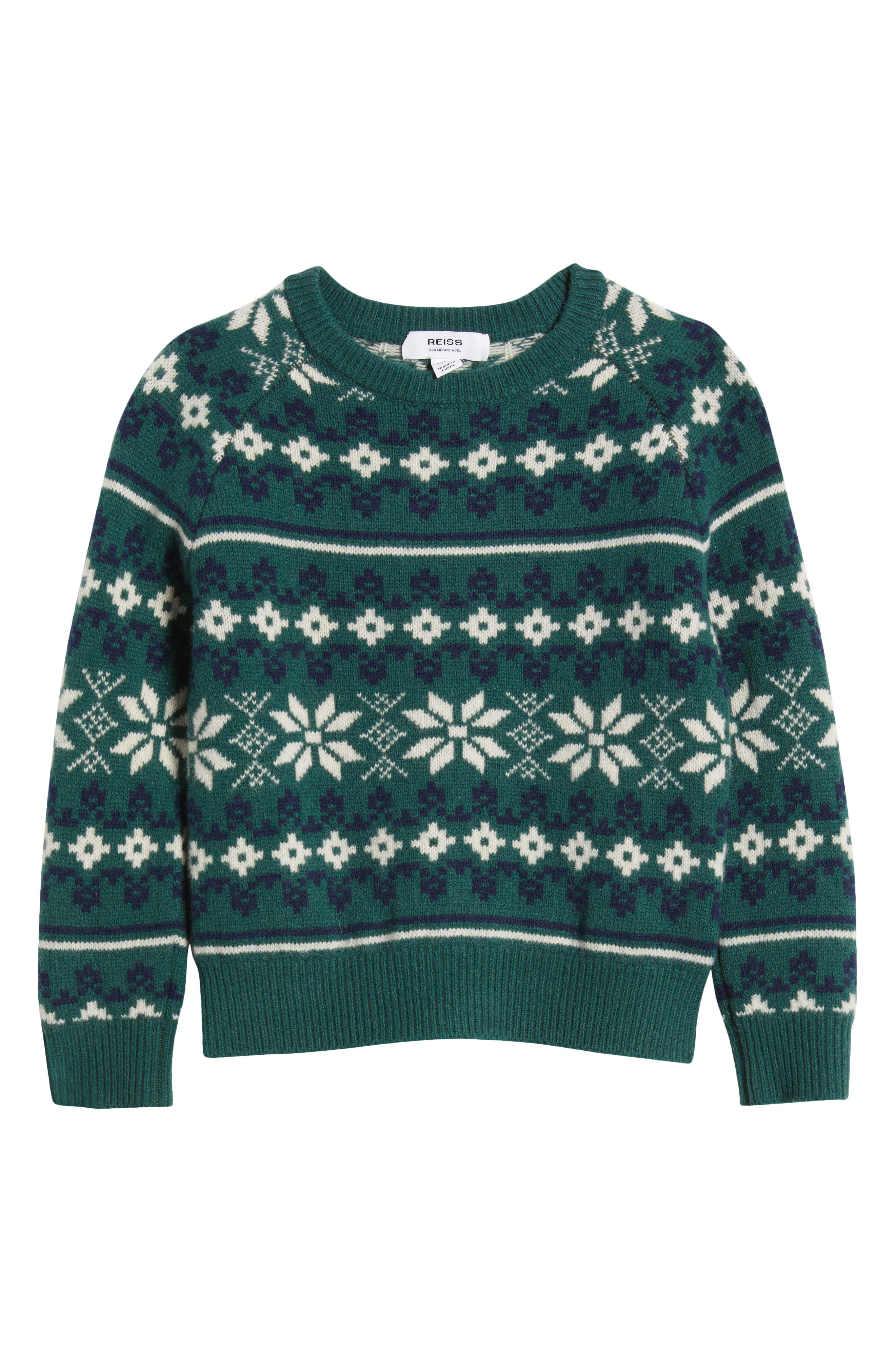 Reiss Kids' Arkensaw Jr. Fair Isle Wool Sweater in Green/Blue/Ecru 