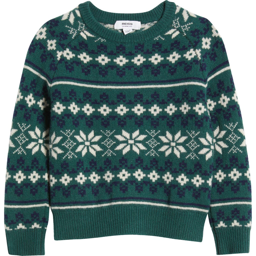 Reiss Kids' Arkensaw Jr. Fair Isle Wool Sweater in Green/Blue/Ecru