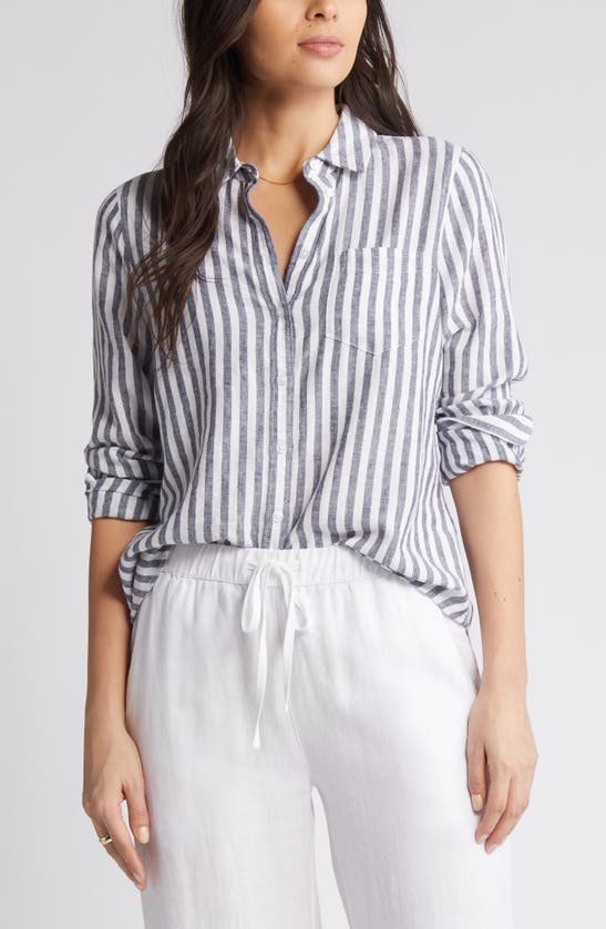 Shop Caslon (r) Linen Blend Button-up Shirt In Navy Blazer Katie Stripe