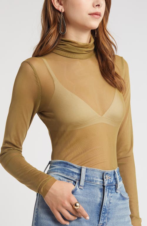 Shop Open Edit Mesh Turtleneck In Olive Brine