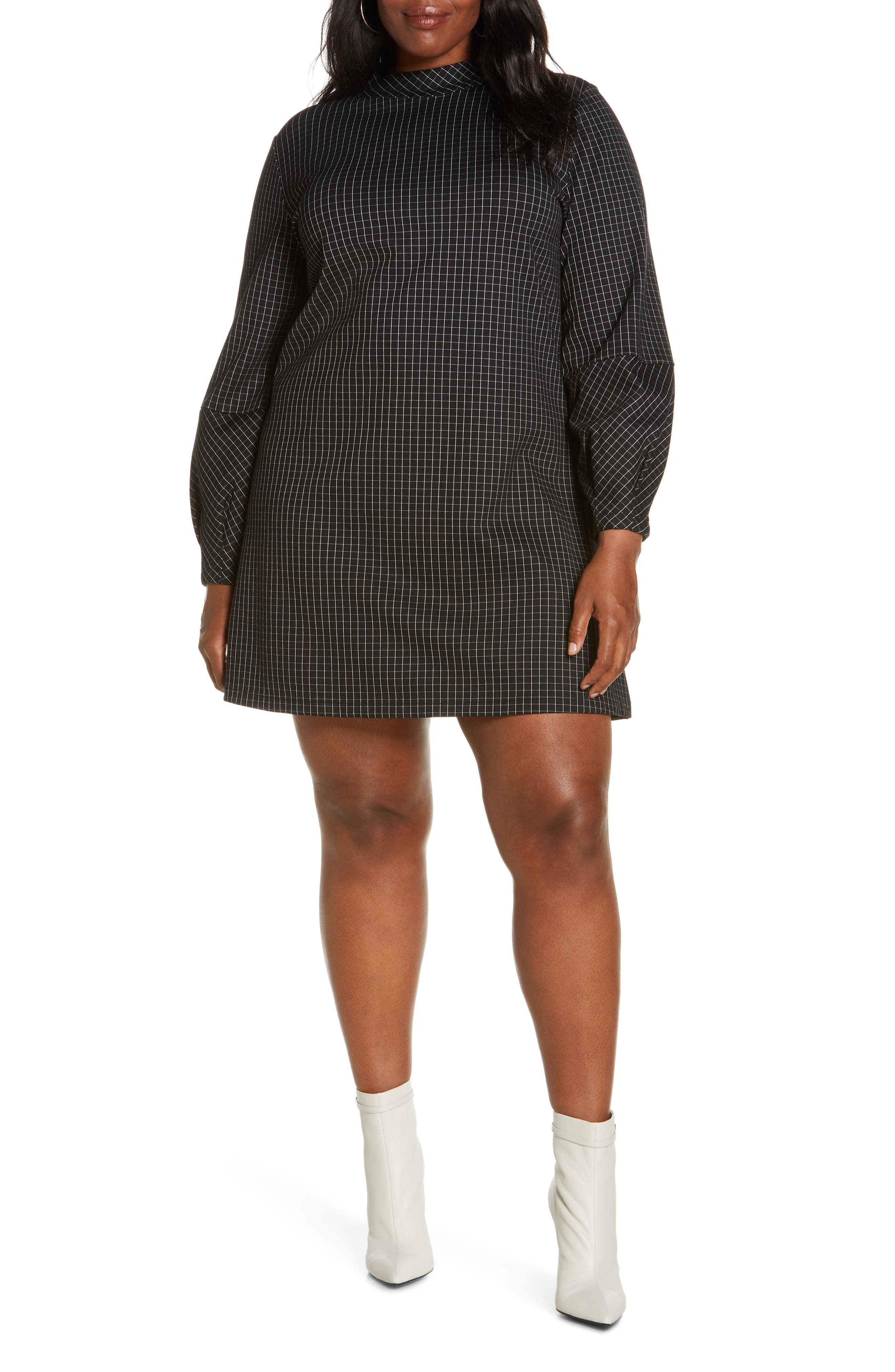 Check Print Long Sleeve Shift Dress 