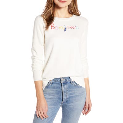 Court & Rowe Bonjour Embroidery Crewneck Cotton & Wool Blend Sweater, Ivory