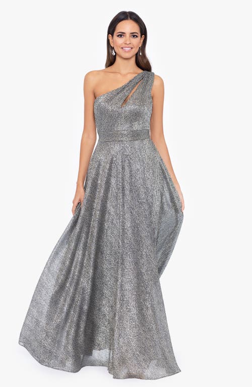 Betsy & Adam Metallic One-shoulder Crinkle Gown In Black/metallic