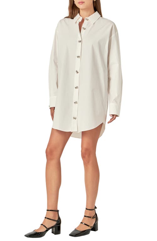 Shop Grey Lab Long Sleeve Bow Button Cotton Shirtdress In White