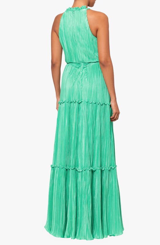 Shop Betsy & Adam Plissé Tie Waist Tiered Gown In Green