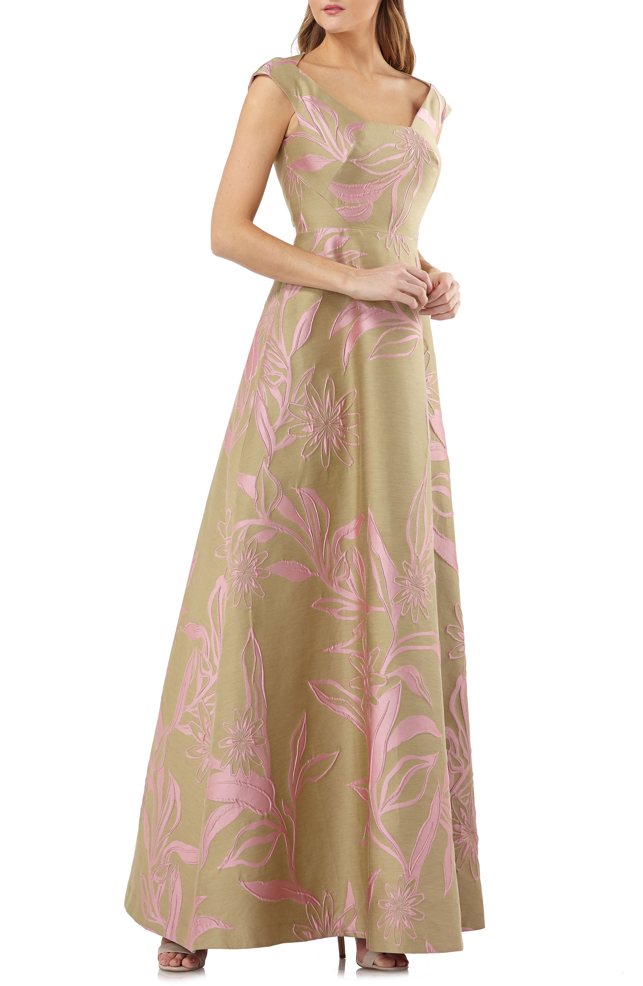 Kay Unger Extended Sleeve Floral Jacquard Gown, Green