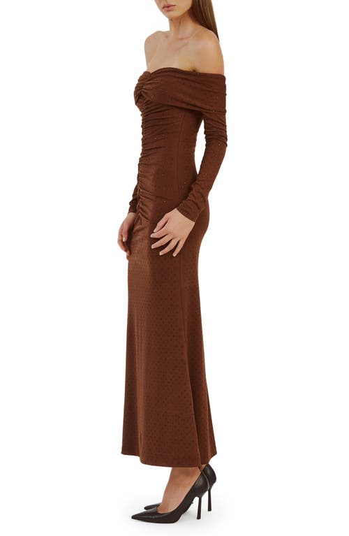 Shop Bardot Artura Diamante Off The Shoulder Long Sleeve Maxi Dress In Chocolate