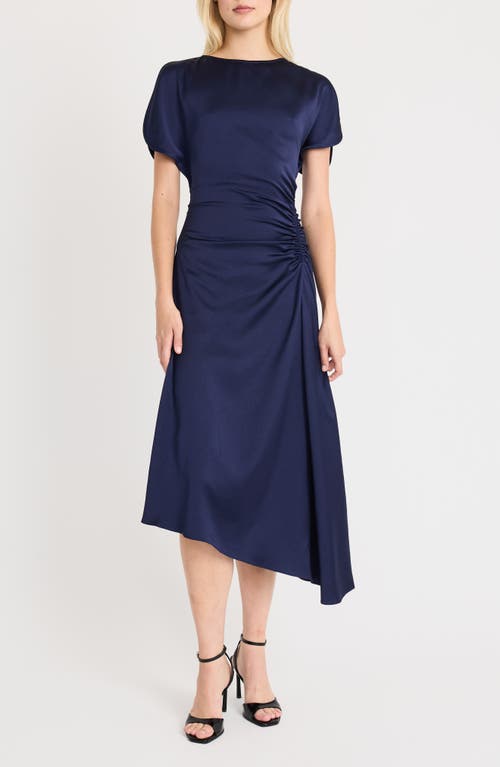 Shop Luxely Short Sleeve Asymmetric Draped Midi Dress In Inkling