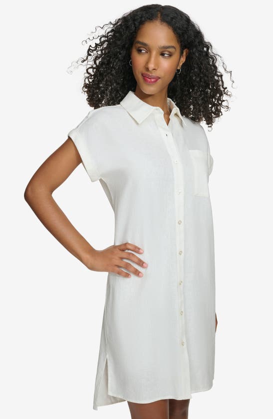 Shop Calvin Klein Short Sleeve Linen Blend Shirtdress In White