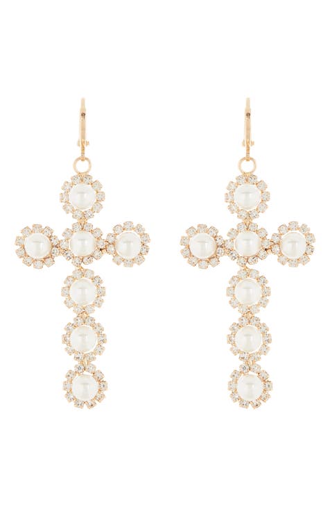Imitation Pearl & Crystal Cross Drop Huggie Hoop Earrings