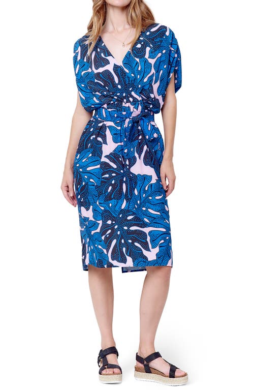 Corey Lynn Calter Lea Tropical Print Faux Wrap Midi Dress in Blue