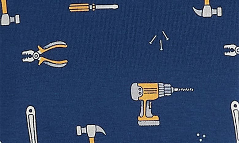 Shop Petit Lem Kids' Tool Print Fitted Organic Cotton Two-piece Pajamas In Dark Blue