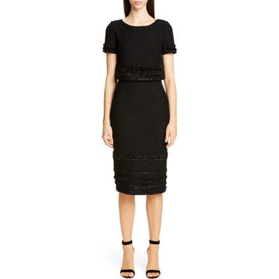 St. John Collection Glimmering Textured Tweed Popover Dress, Black