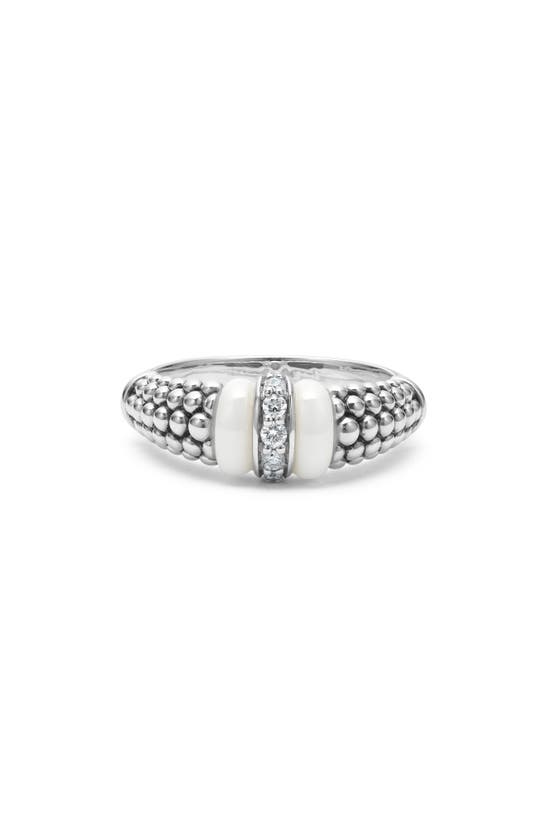 Lagos Ceramic & Sterling Silver White Caviar Diamond Stacking Ring In White