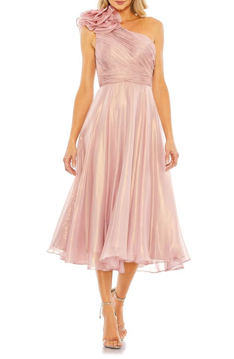 Rosette One-Shoulder Iridescent A-Line Dress
