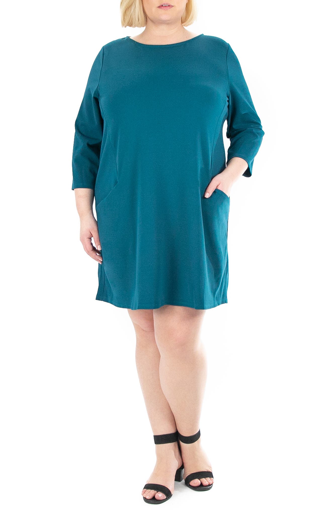 Nina Leonard Jewel Neck 3/4 Sleeve High Tech Dress In Medium Green2