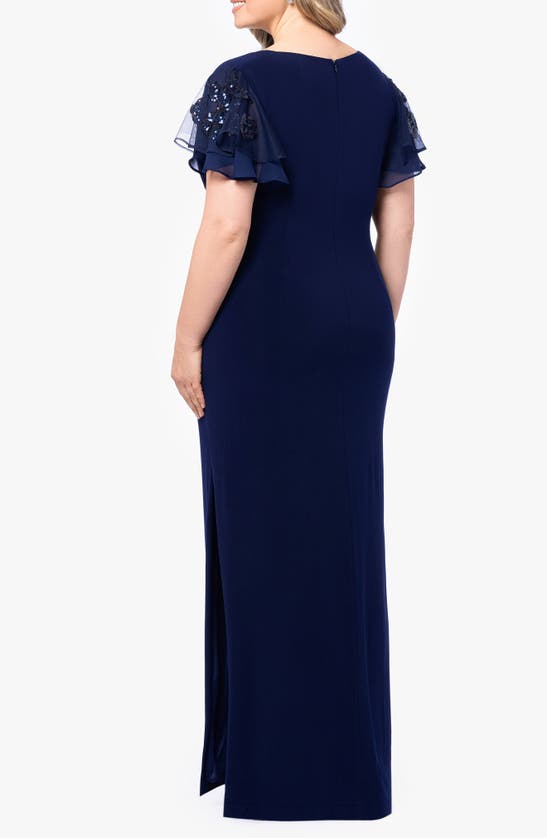 Betsy & Adam Sequin V-neck Flutter Sleeve Gown In Navy