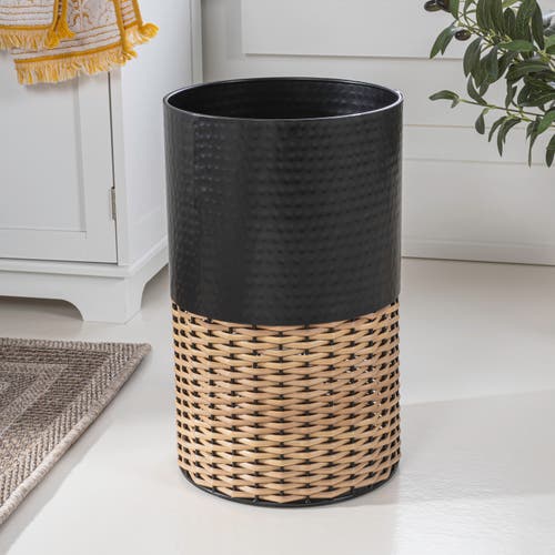 Happimess Asher Modern 2-tone Faux Wicker/metal Cylinder Waste Basket In Black/natural