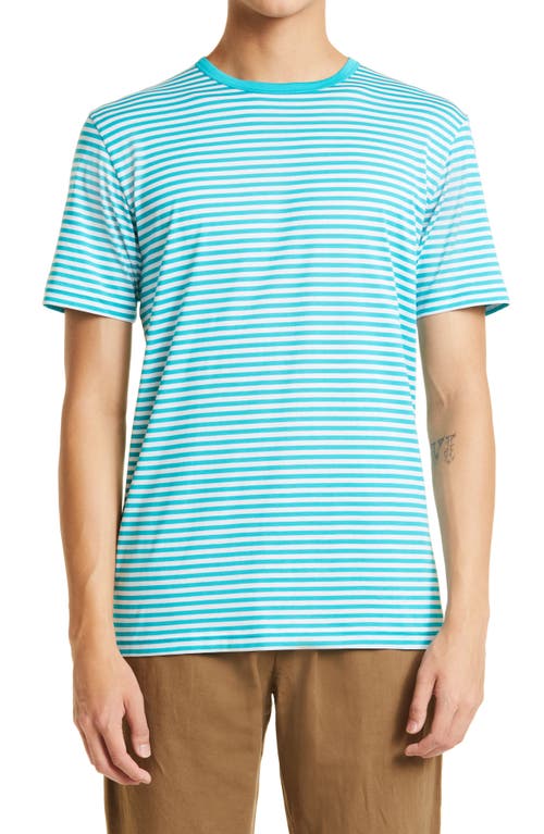 Sunspel Men's Stripe Crewneck Pima Cotton T-Shirt in Reef/White