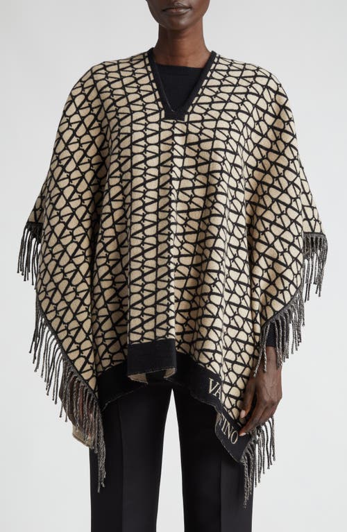 Shop Valentino Garavani Vlogo Toile Iconographe Virgin Wool & Cashmere Poncho In Beige/nero