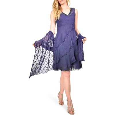 Petite Komarov Tiered Chiffon Dress With Shawl, Blue
