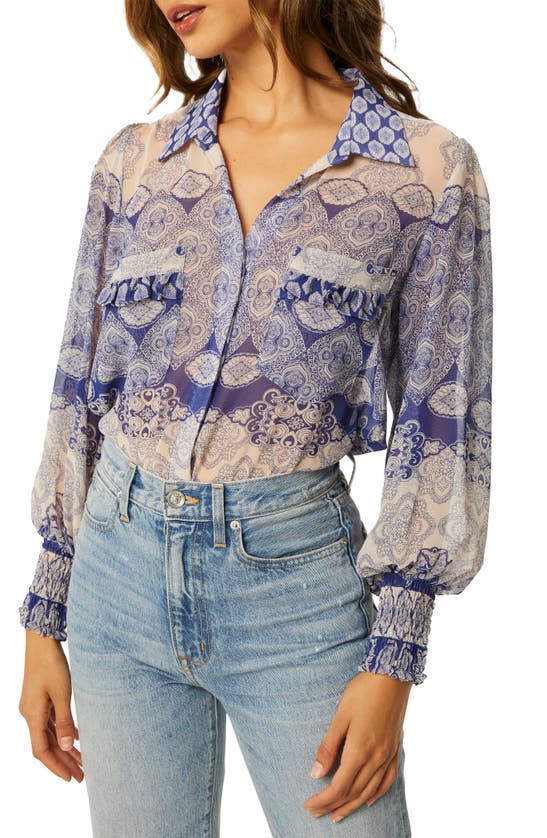 Misa Nora Button-front Chiffon Top In Majorelle Mixed Tile