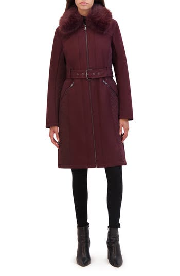 Kenneth Cole New York Belted Softshell Longline Coat With Faux Fur Trim In Burgundy