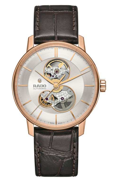 Shop Rado Coupole Classic Automatic Leather Strap Watch, 41mm In Brown/silver/rose Gold