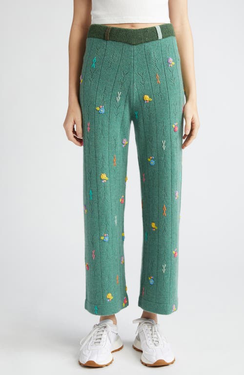 Daisy Embroidered Pointelle Knit Lambswool Pants in Jade