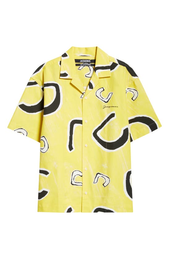Shop Jacquemus La Chemise Jean Short Sleeve Cotton Button-up Camp Shirt In Monogramme Black Yellow