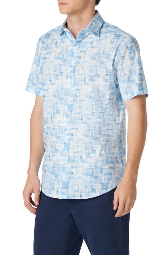 Bugatchi Orson Geometric Print Short Sleeve Stretch Button-up Shirt In Air Blue
