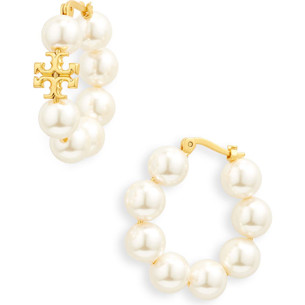 Shop Tory Burch Kira Imitation Pearl Hoop Earrings In Rolled Brass/ivory