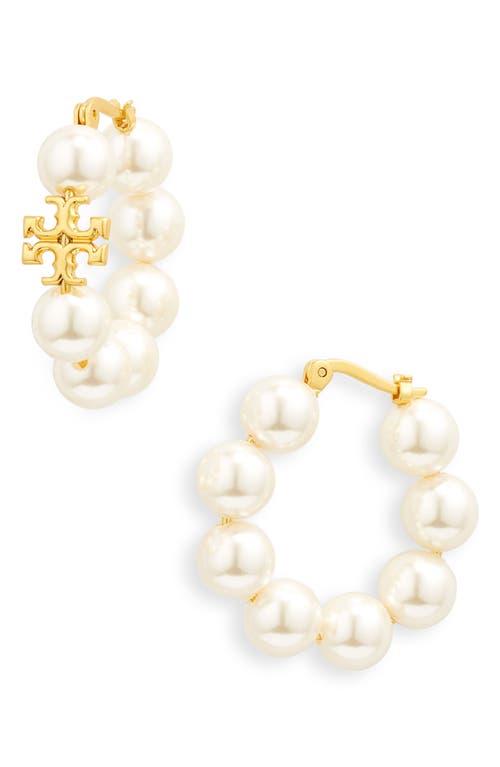 Tory Burch Kira Imitation Pearl Hoop Earrings in Rolled Brass /Ivory at Nordstrom