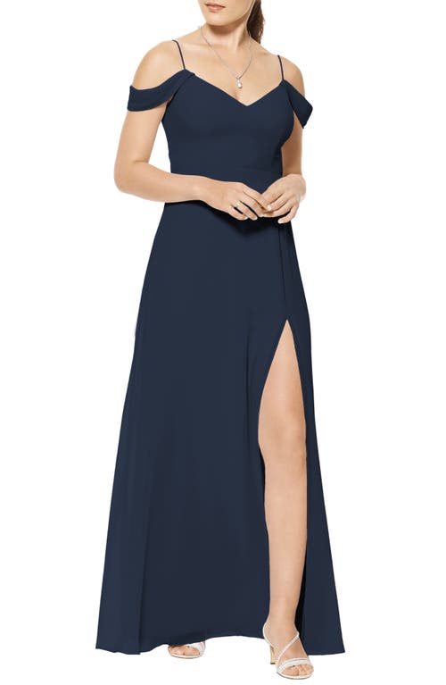 #Levkoff Cold Shoulder A-Line Chiffon Gown in Navy