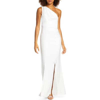 Chi Chi London Emerson One-Shoulder Satin Trumpet Gown, White