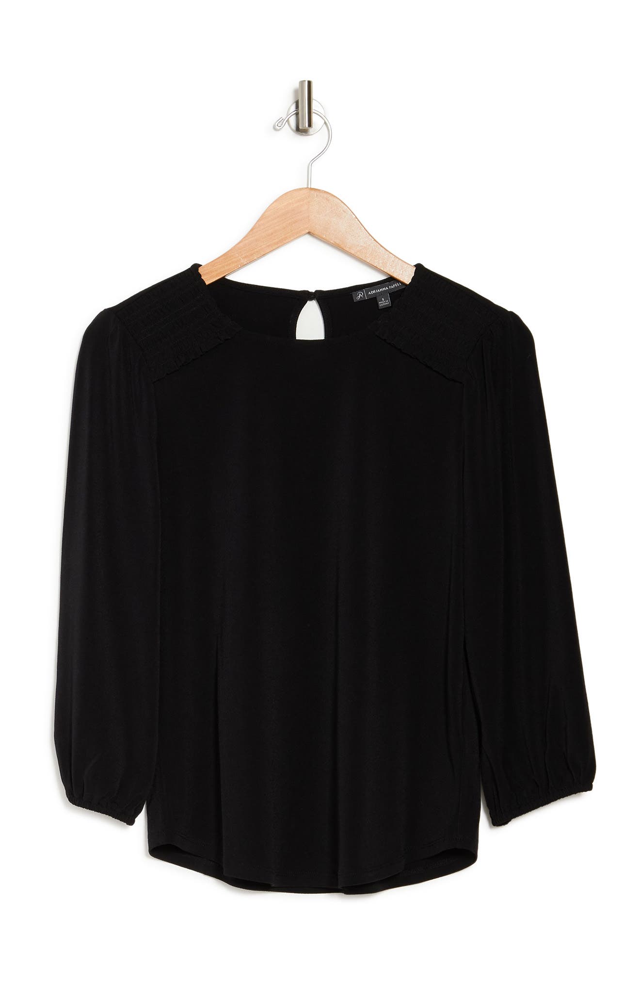 Adrianna Papell Smocked 3/4 Sleeve Moss Crepe Top In Black