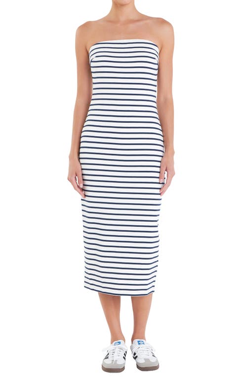 English Factory Stripe Strapless Cotton Midi Dress In White/navy