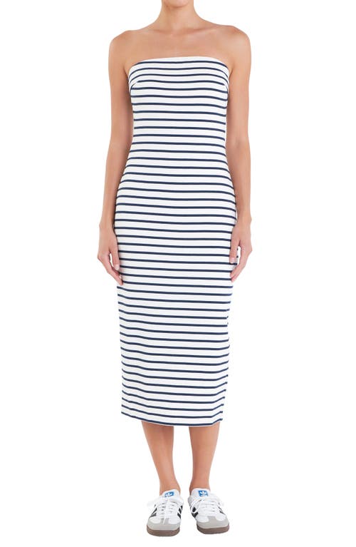 Shop English Factory Stripe Strapless Cotton Midi Dress In White/navy