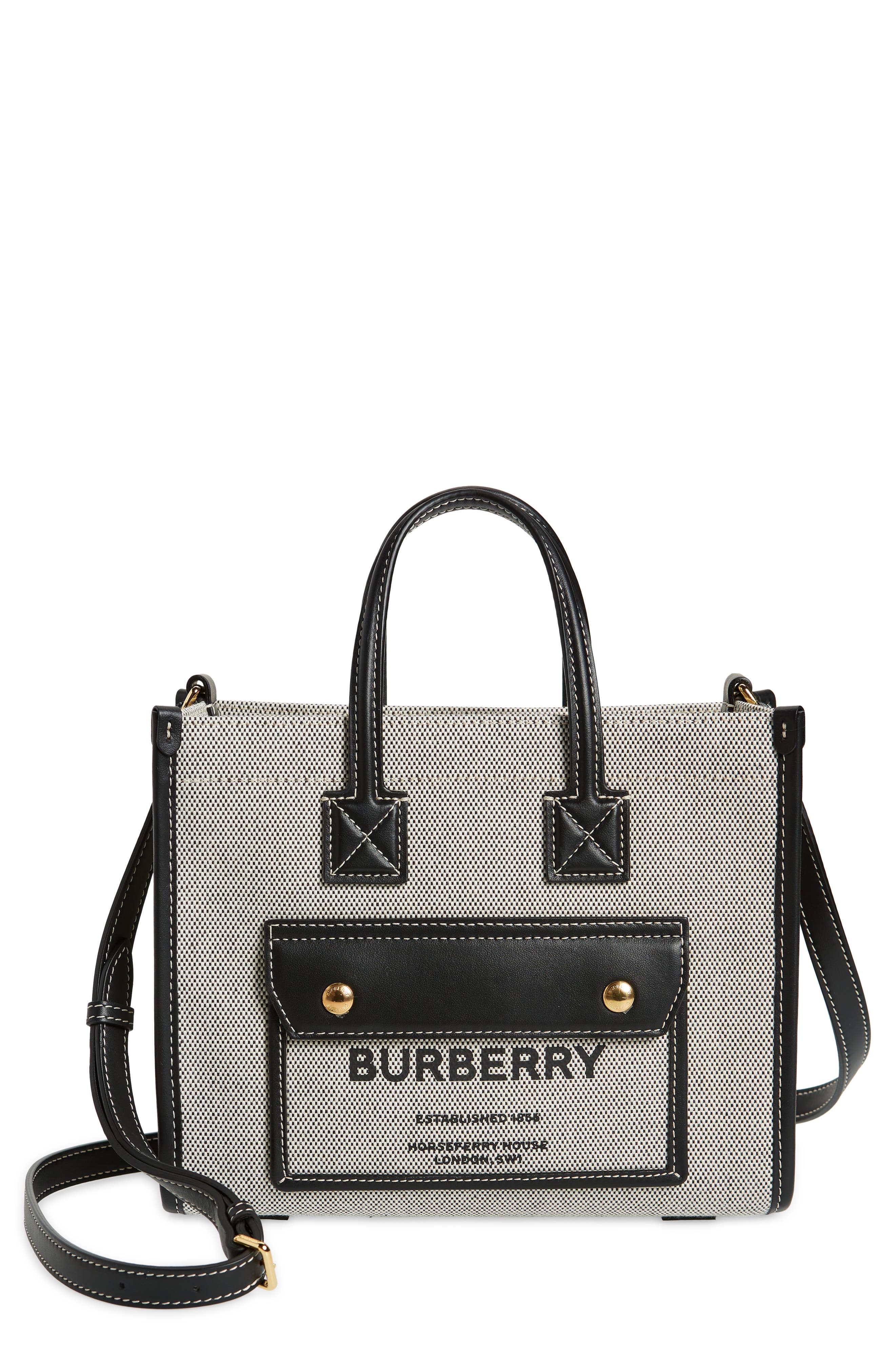 Burberry Mini Freya Horseferry Logo Canvas Tote in Black/Black at Nordstrom
