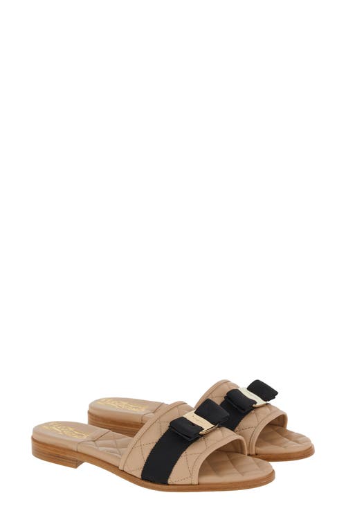 Lovec Quilted Leather Bow Slide Sandal in New Bisque
