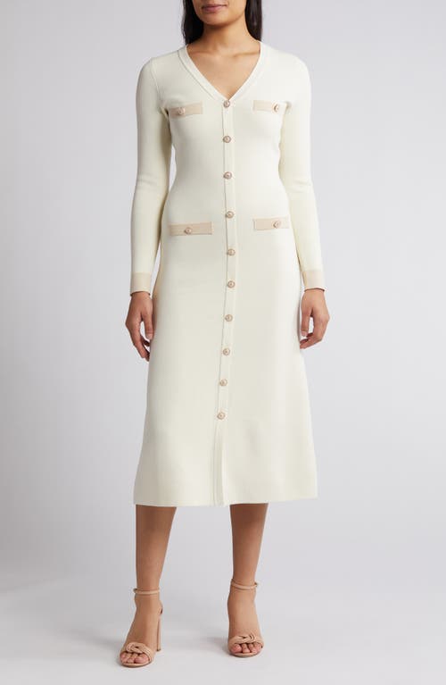 Button Detail Long Sleeve Midi Sweater Dress in Ivory