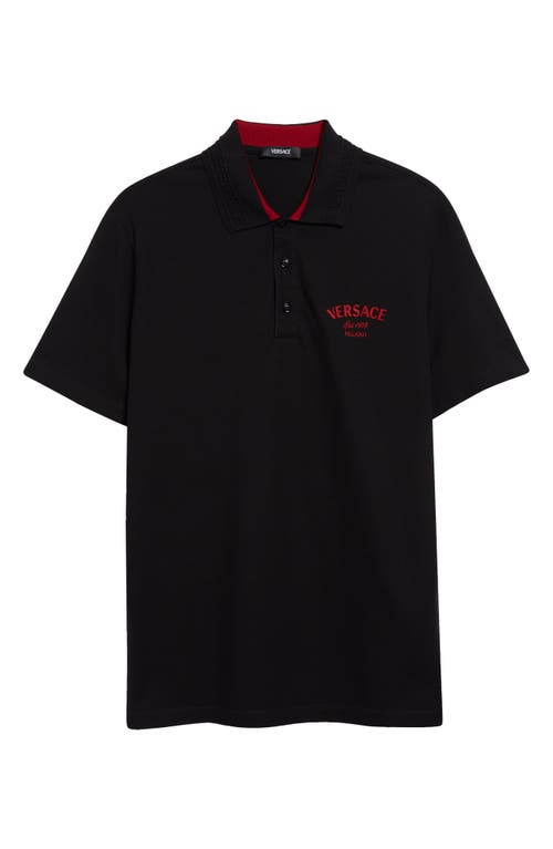 Shop Versace Logo Embroidered Piqué Knit Polo In Black