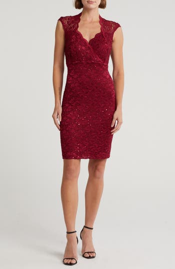 Connected Apparel Stretch Lace Dress With Open Back In Cabernet