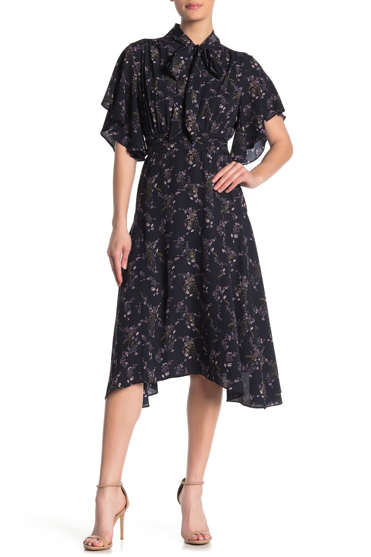 max studio flutter sleeve floral midi dress